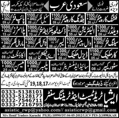 Asia Trade Test & Training Centre Required Construction Staff for Saudi Arabia