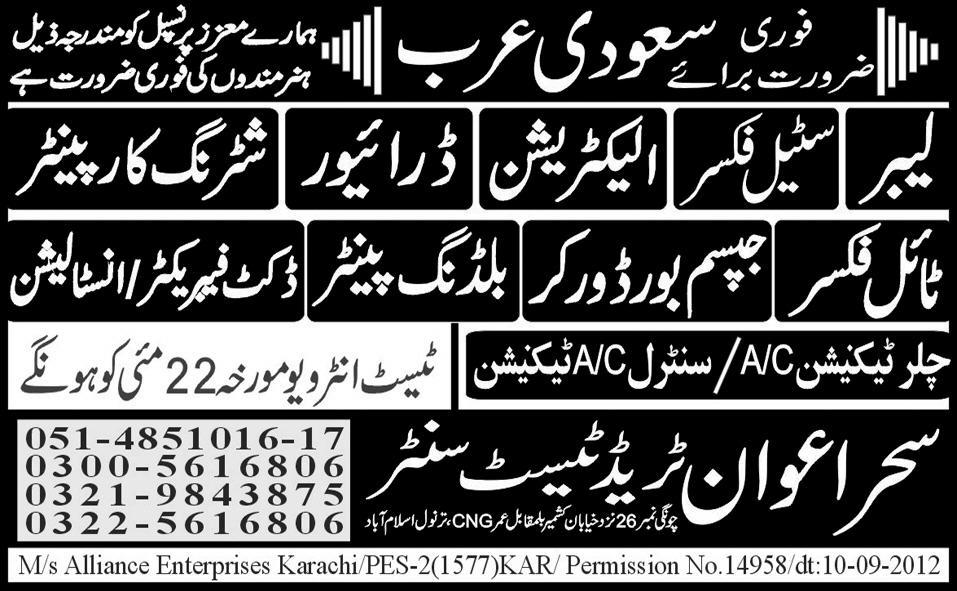 Seher Awan Trade Test Centre Required Staff for Saudi Arabia