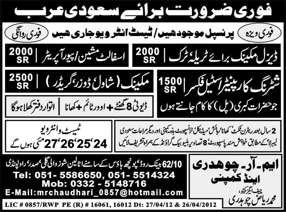 Construction Staff Required by M-R Chaudhry & Company