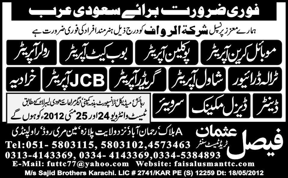 Operators Required by Faisal Usman Trade Test Centre