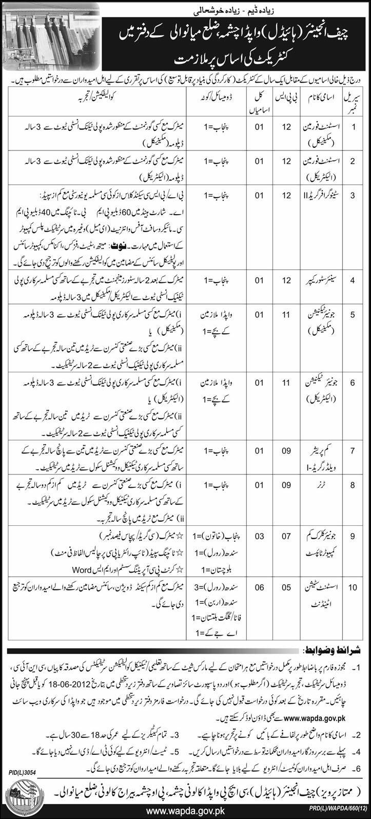 Technical Staff and Roremen Required at Office of Chief Engineer (Hydel) WAPDA Chashma