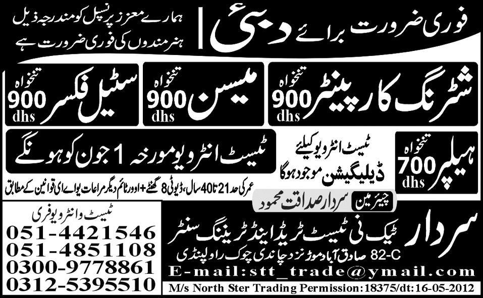 Carpenters and Labours Required by Sardar Tech-ni-Test Trade & Training Centre