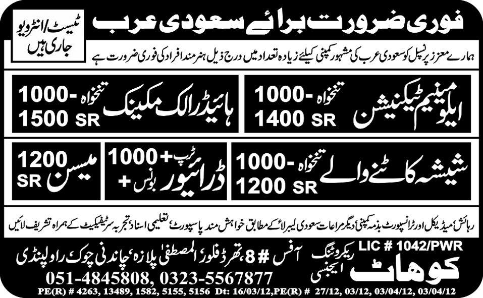Technicians and Drivers Required by Kohat Recruiting Agency