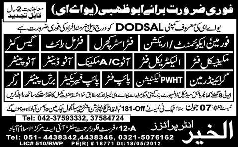 Skilled Labour Staff Required by Al-Khair Enterprises