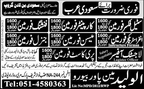 Foremen and Logistic Officer Required for Saudi Arabia