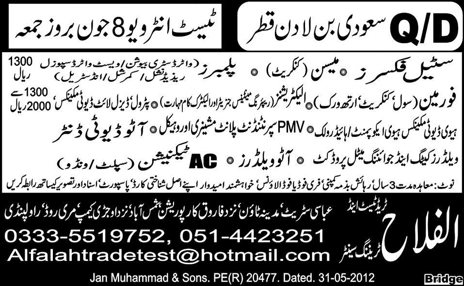 Construction Staff Required by Al-Falah Trade Test & Training Centre