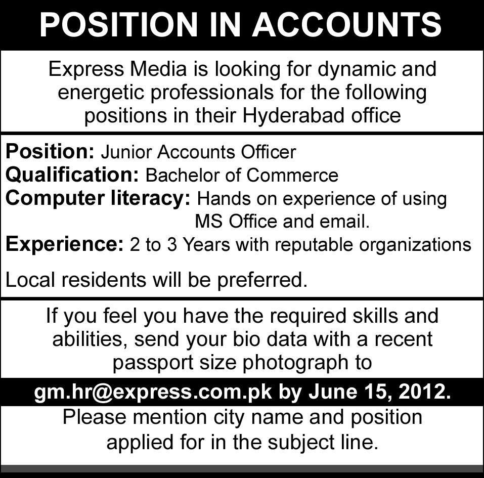 Junior Accounts Officer Required in Express Media