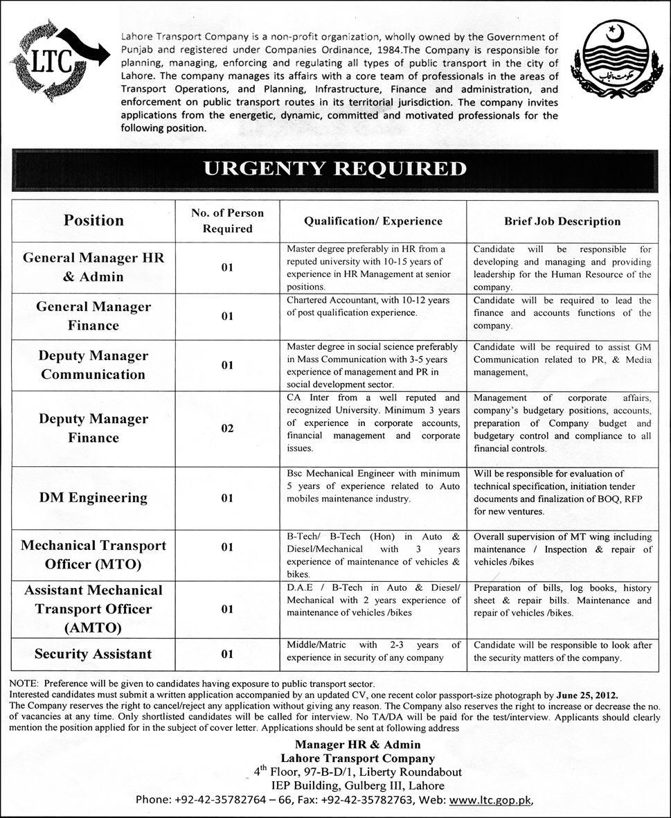 Management and Transport Officer jobs at Lahore Transport Company (LTC) (Govt. job)