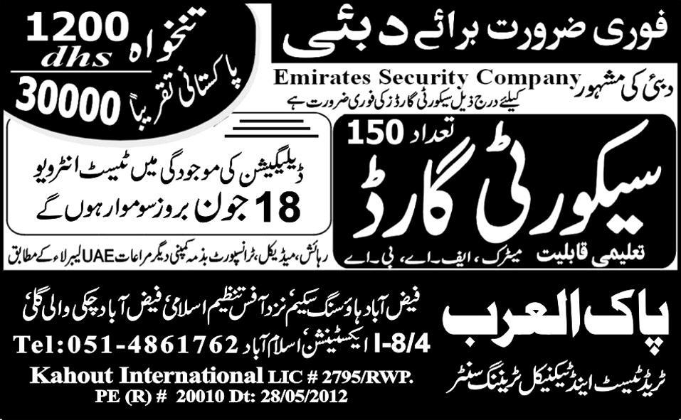 Security Staff Required by Pak Al-Arab Trade Test and Technical Training Centre