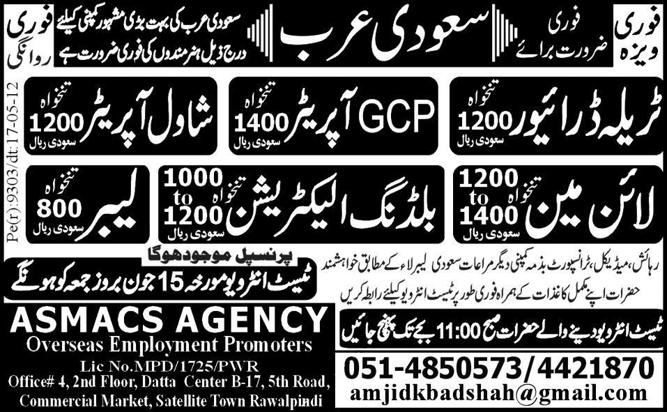 Line Man and Operators Required by ASMACS Overseas Employment Promoters Agency
