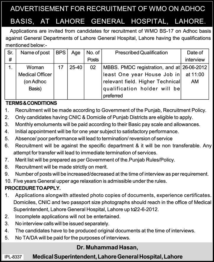Woman Medical Officer (WMO on Adhoc Basis) Required Lahore General Hospital
