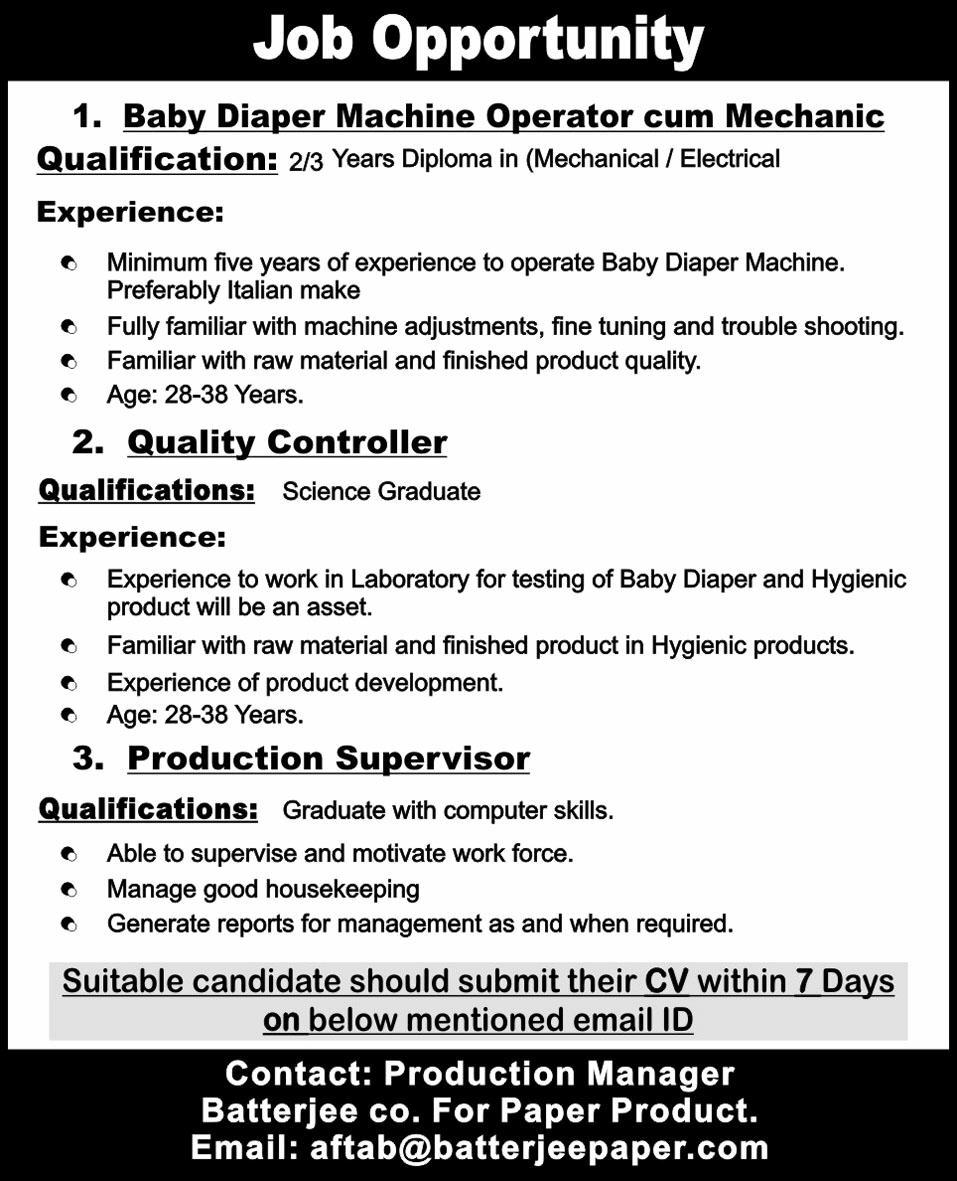 Technical Staff Required at Baby Diaper and Hygienic Products Manufacturing Company