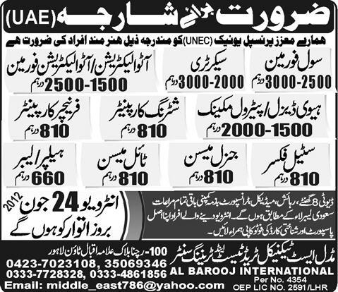 Auto Electricians and Construction Staff Required for Sharjah