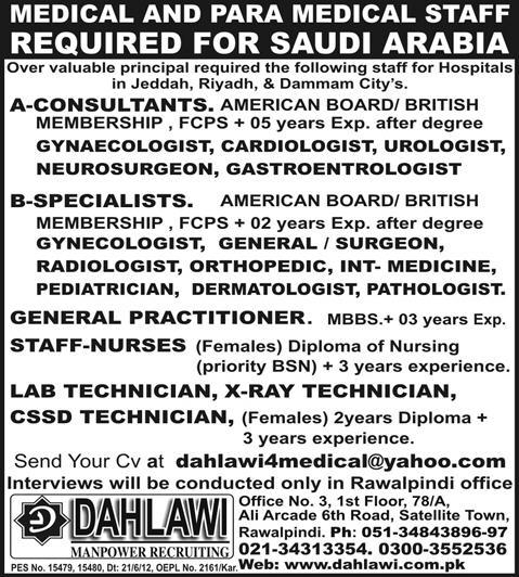 Medical and Para Medical Staff Required for Saudi Arabia