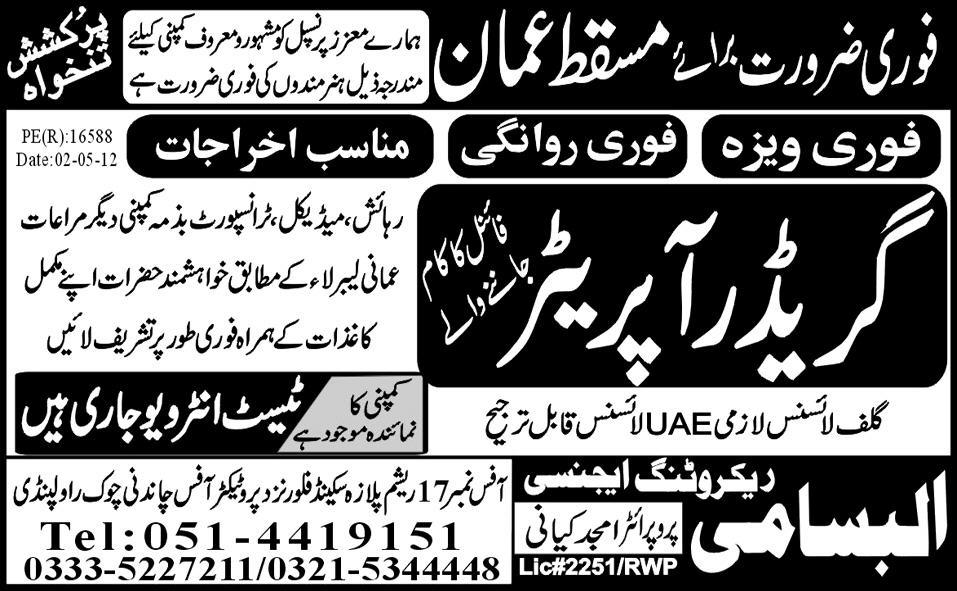 Grader Operators Required for Masqat and Oman