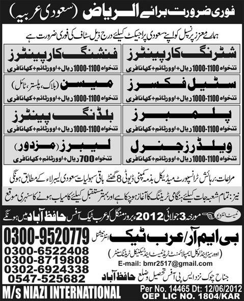 Carpenters and Construction Staff Required for Riyadh