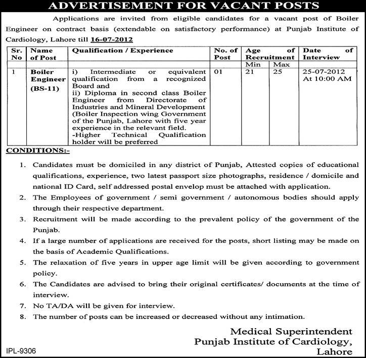 Boiler Engineer Required at Punjab Institute of Cardiology (Govt. job)