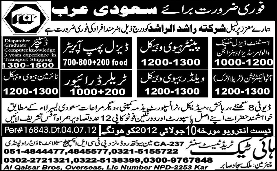 Mechanical and Technical Staff Required by High Tech Trade Test Centre