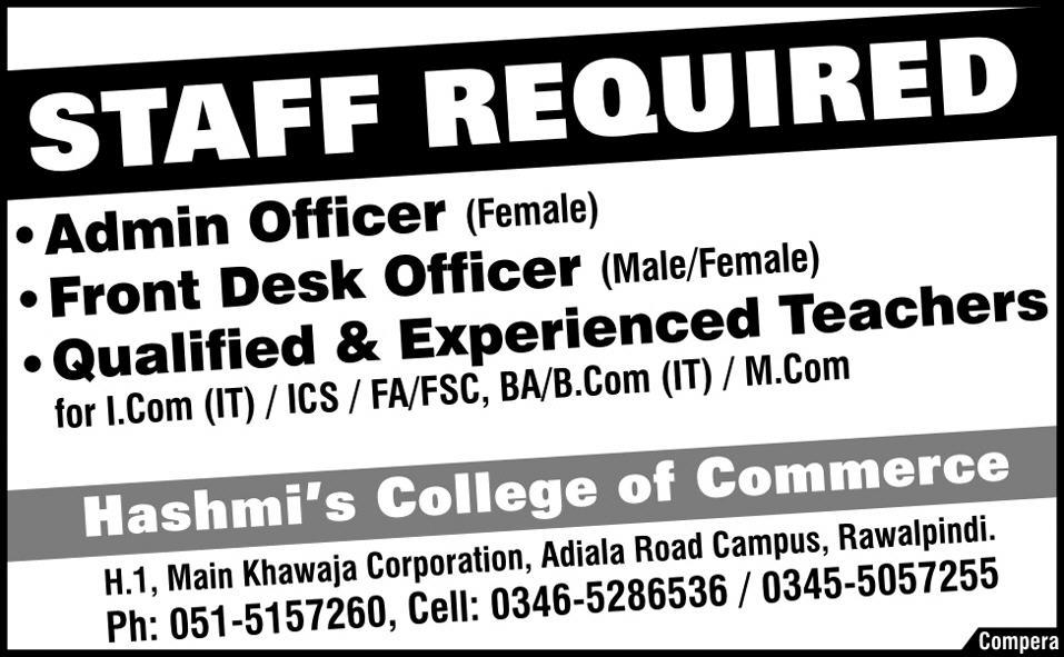 Teaching and Administration Staff Required at Hashmi's College of Commerce