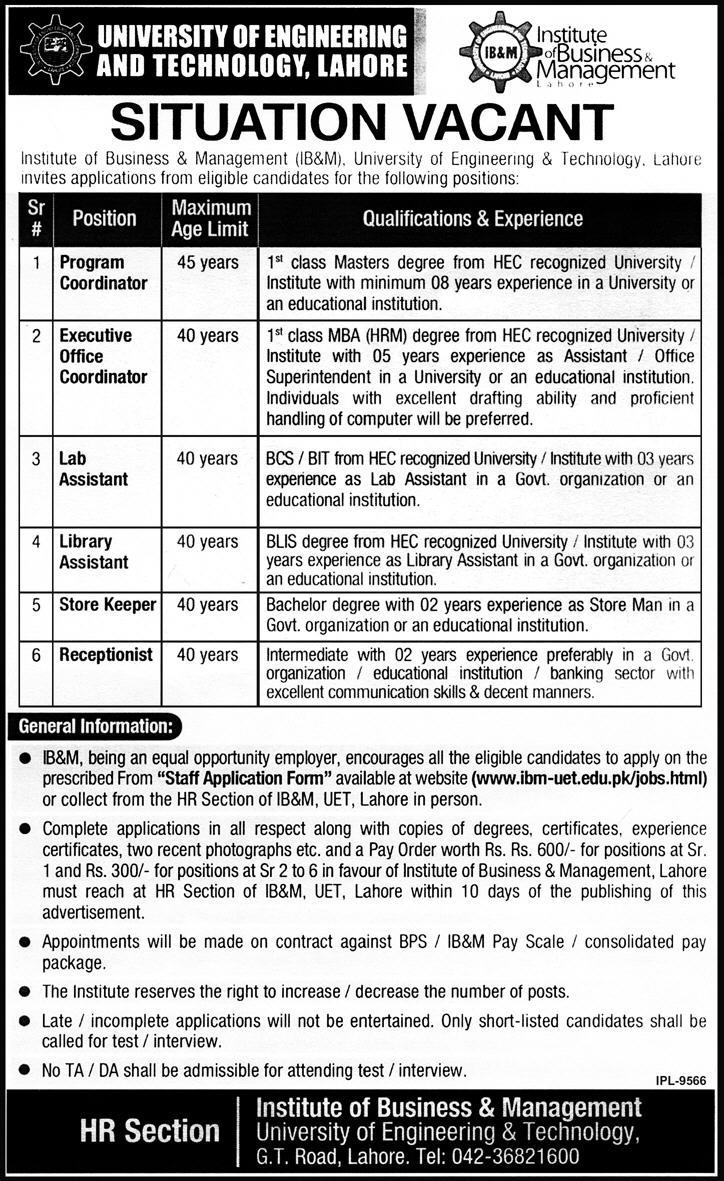 UET Institute of Business & Management Requires Coordinators and Administration Staff