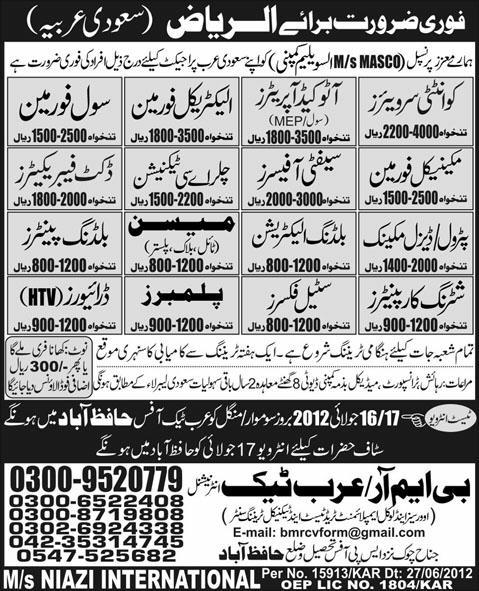 Plumbers and Construction Staff Required for Riyadh