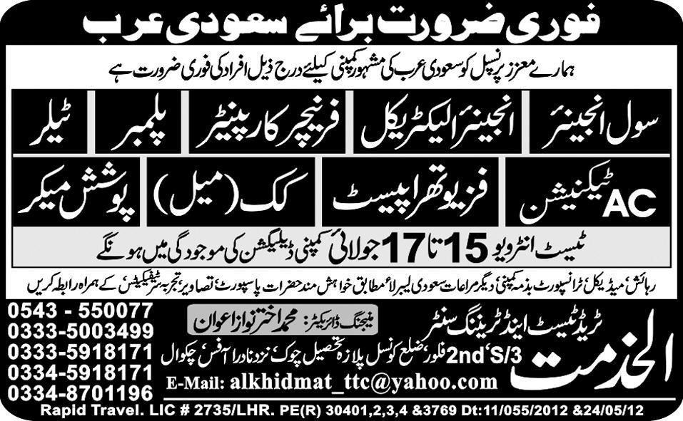 Physiotherapist, Civil Engineer and Technical Staff Required for Saudi Arabia