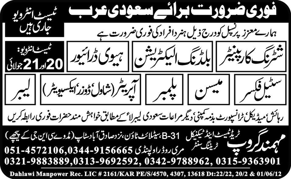 Mason (Raj) and Construction Staff Required by Mohmand Group Trade Test and Technical Training Centre