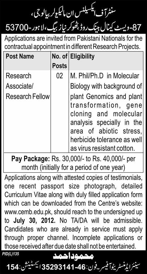Research Associates Required by Centre of Excellence in Molecular Biology