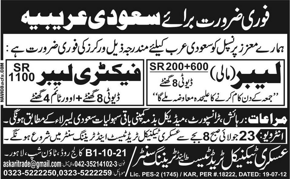 Factory Labours Wanted for Saudi Arabia