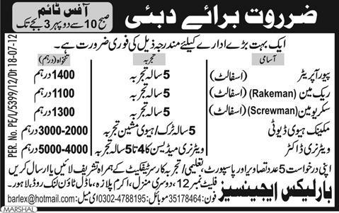 Construction Staff and Veterinary Doctor Required for Dubai