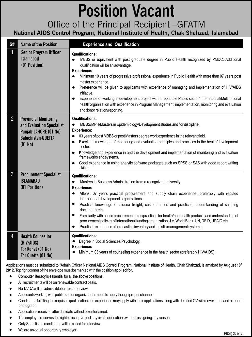National AIDS Control Program, National Institute of Health Requires Management Staff and Health Counselor (