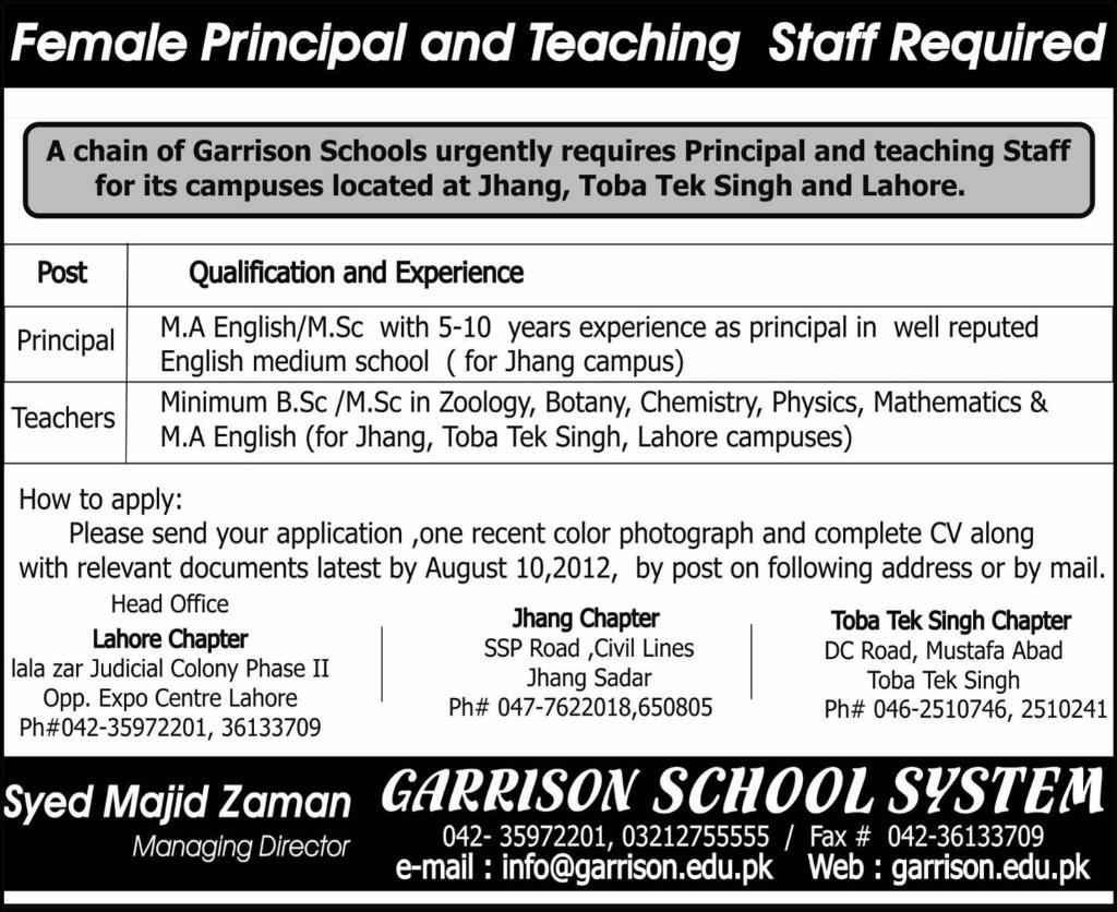 Female Principal and Teaching Staff Required at Garrison School System