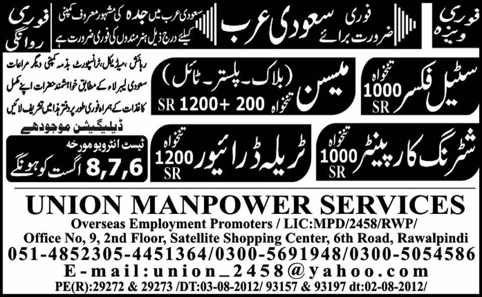 Trailer Driver and Construction Staff Required for Saudi Arabia