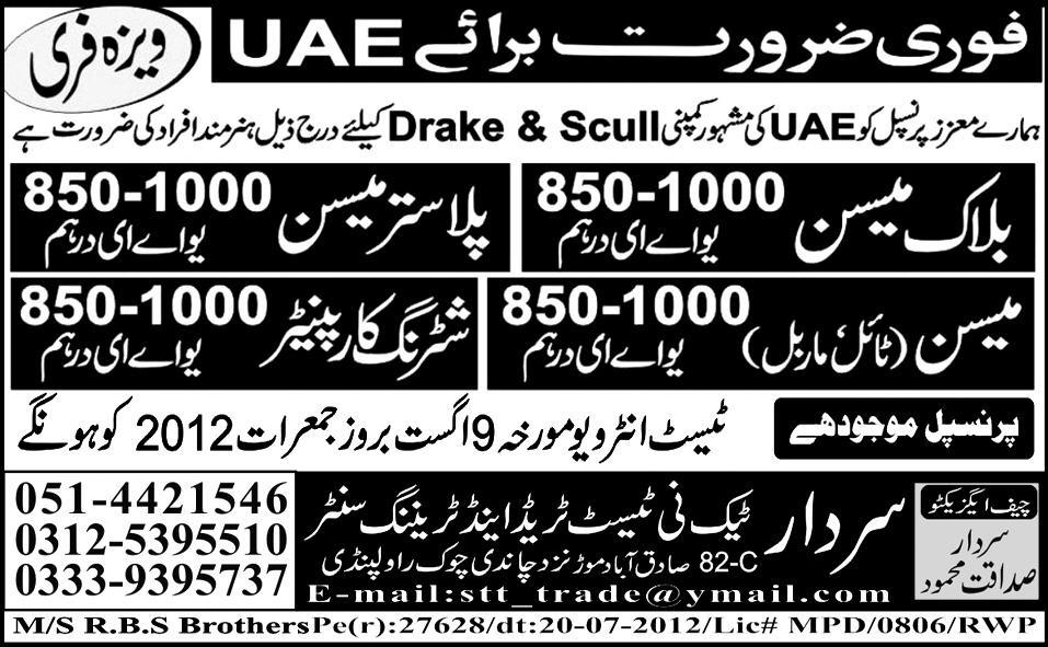 Construction Staff Required by Sardar Tech-ni-Test Trade and Training Centre for UAE