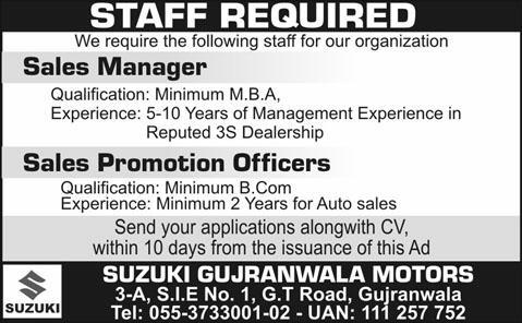 Sales Management Staff Required for Suzuki Gujranwala Motors