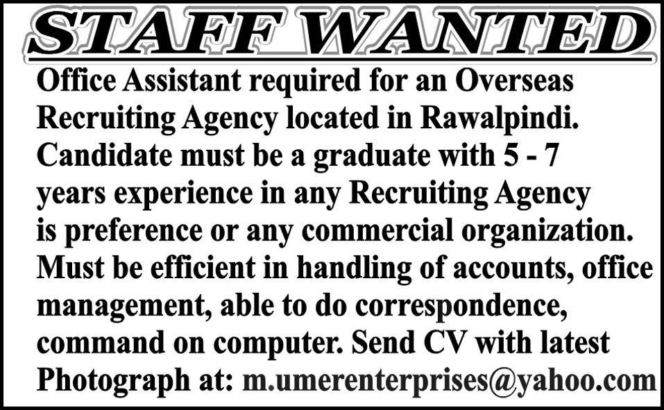 Office Assistant Required for an Overseas Recruiting Agency