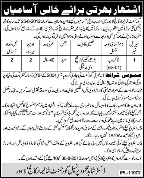 Khakrob Required at Government Shalamar College (Government Job)