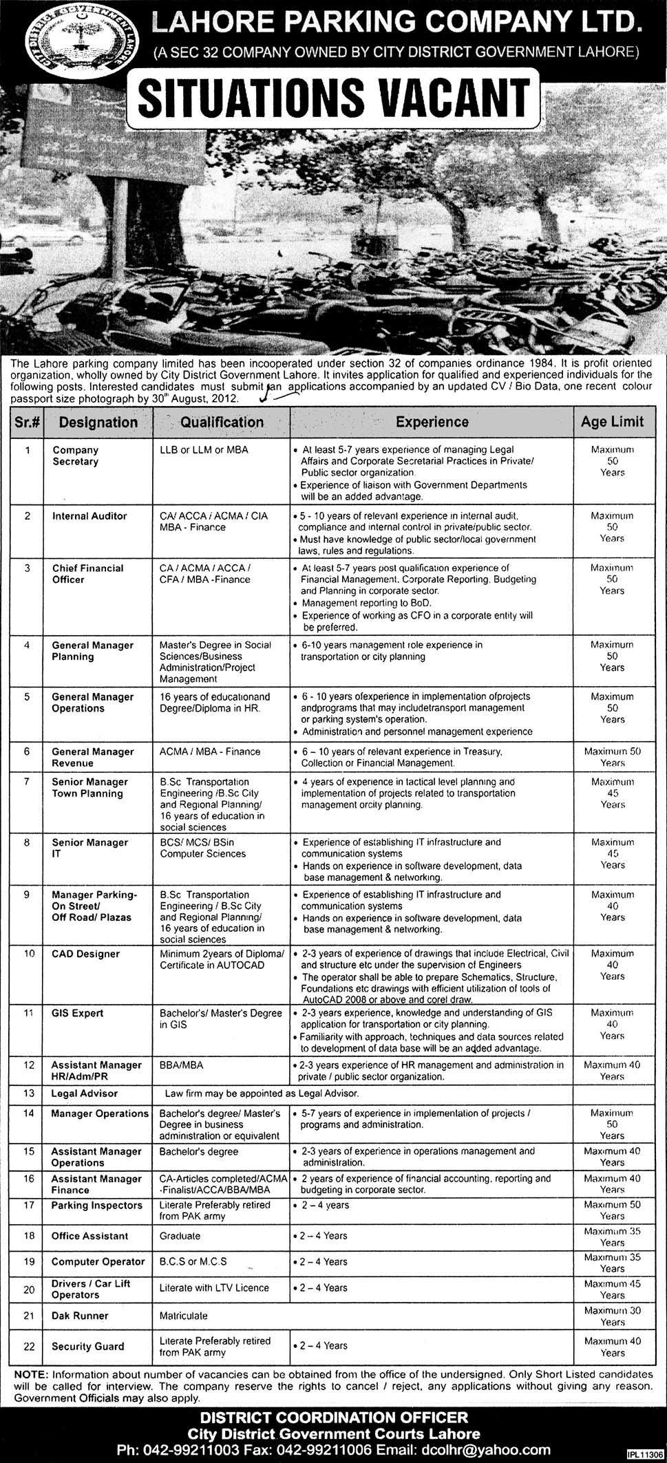 Lahore Parking Company Limited Requires Management, Finance, IT and Office Support Staff (Government job)