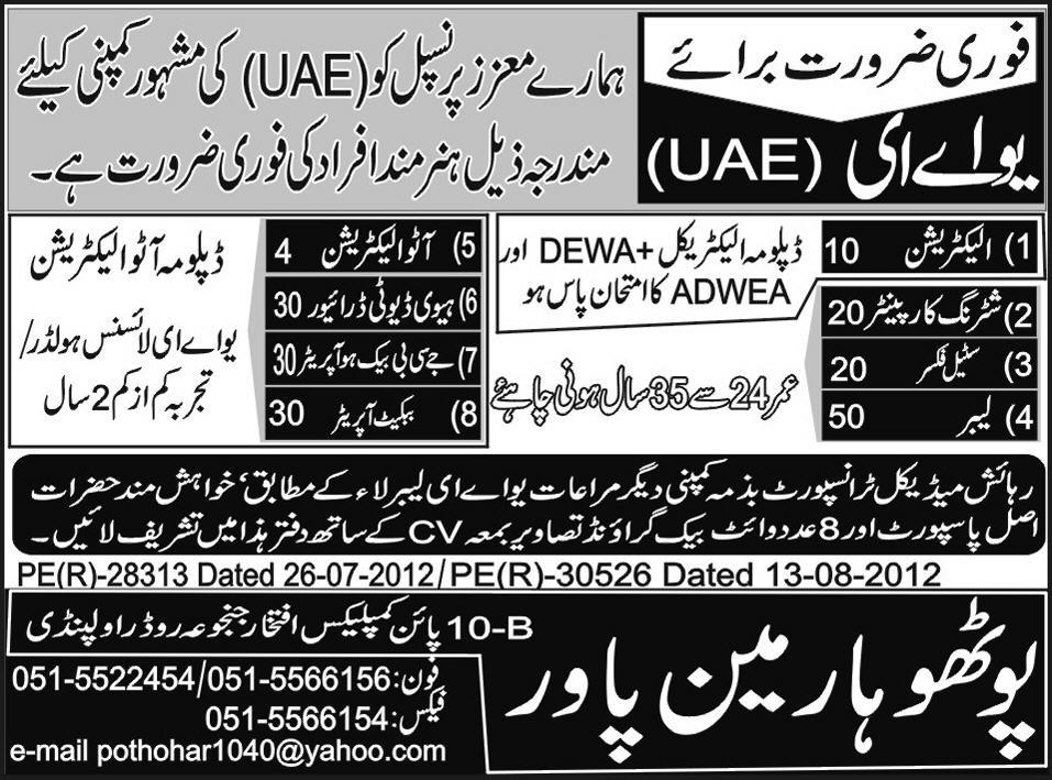Skilled Technical Manpower Required for UAE