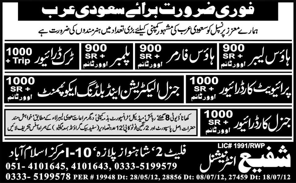 Drivers, Electrician and House Labour Required for Saudi Arabia