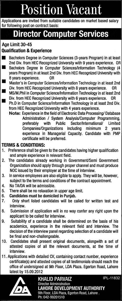 LDA Lahore Development Authority Requires Director Computer Services (Government jobs)