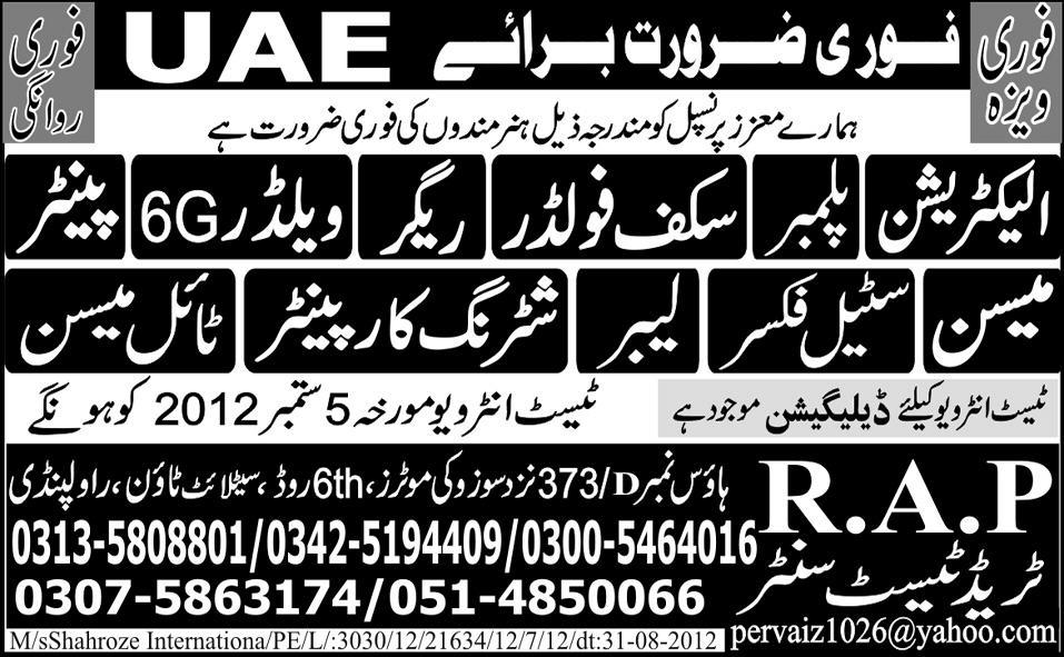 Electrician, Welder and Construction Staff Required for UAE