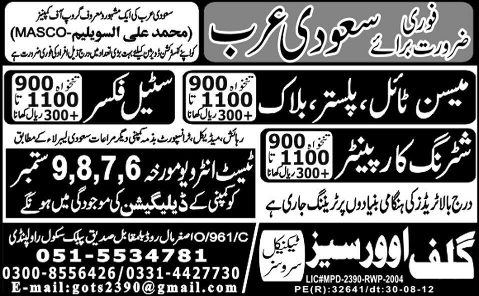 Mason, Carpenter and Steel Fixer Required by Gulf Overseas Technical Services for Saudi Arabia