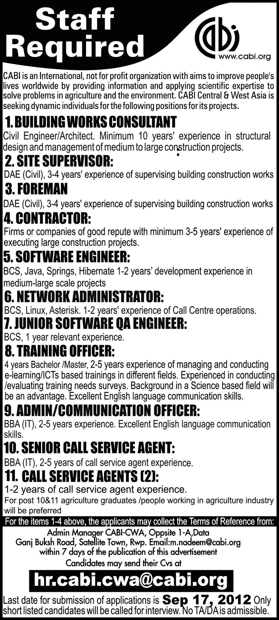 IT, Construction and Admin Staff Required by CABI (NGO Jobs)