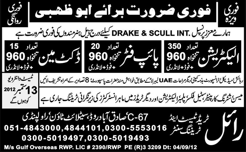 Electrician, Pipe Fitter and Duct Man Required by Royal Trade Test Centre for Abu Dhabi