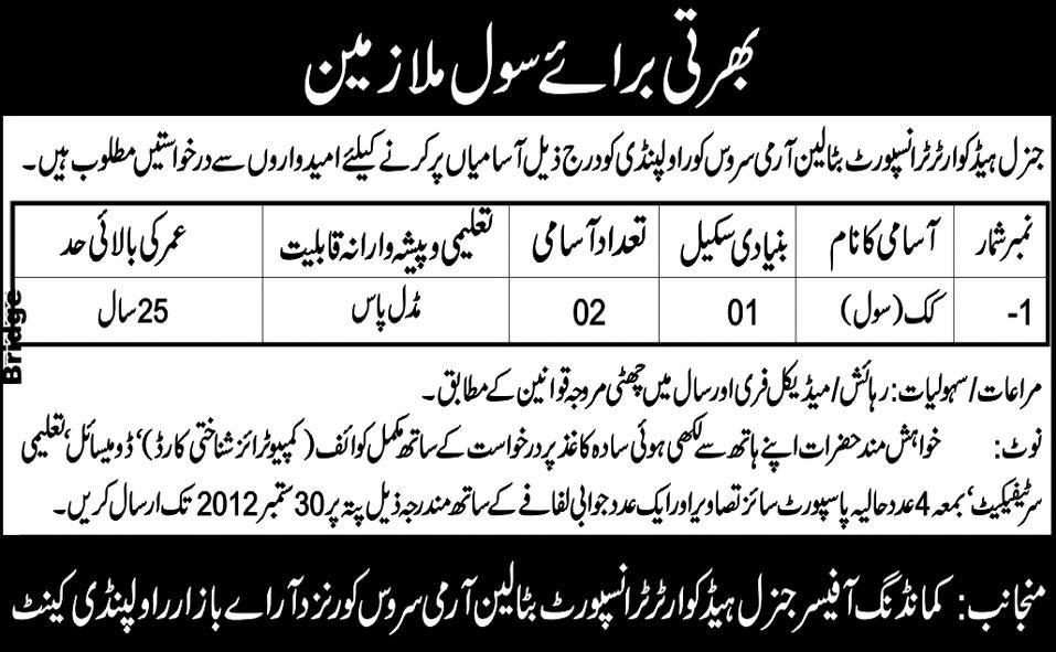 Cook Required by General Headquarter Transport Battalian Army Service (Government Job)