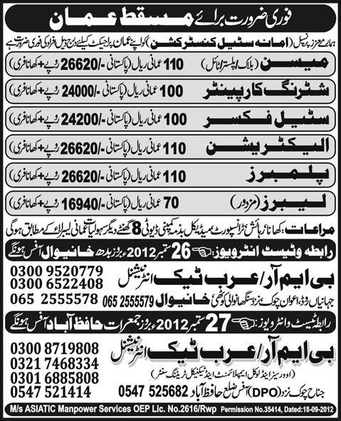 Construction Staff Required for Masqat/Oman