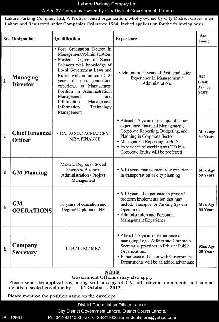 Lahore Parking Company Requires Management Staff (Government Job)