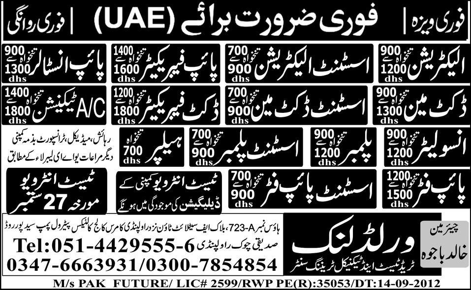 Technical and Mechanical Staff Required by World Link Trade Test Centre for UAE