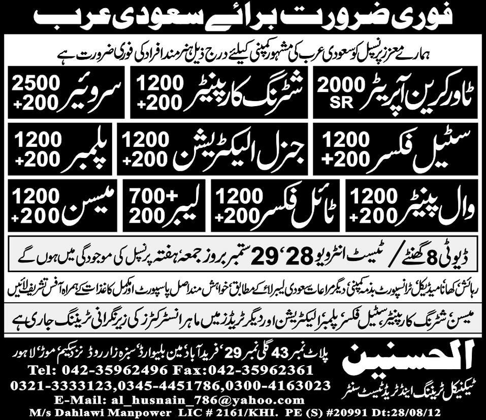Electrician, Wall Painter and Construction Staff Required for Saudi Arabia